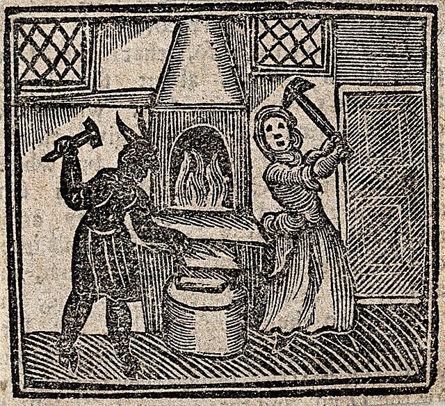 Interior scene showing a horned demonic figure at a hearth or forge while a woman raises a tool